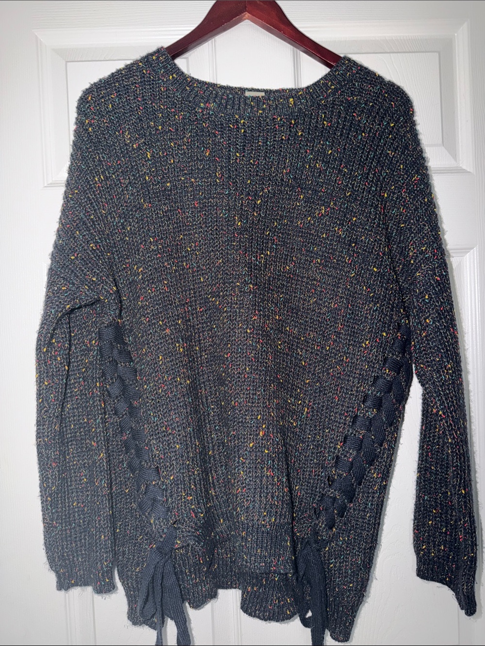 Love Riche Charcoal Speckled Crewneck Sweater with Side Braid and Ties